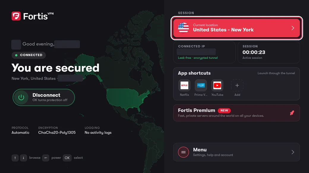 The Fortis home screen connected to United States - New York, with Current location highlighted