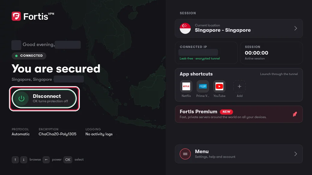 The Fortis home screen showing You are secured, with the Disconnect button highlighted