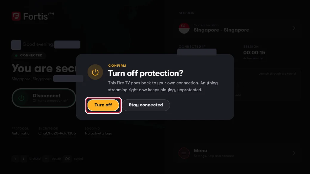 The Turn off protection window with the Turn off button highlighted