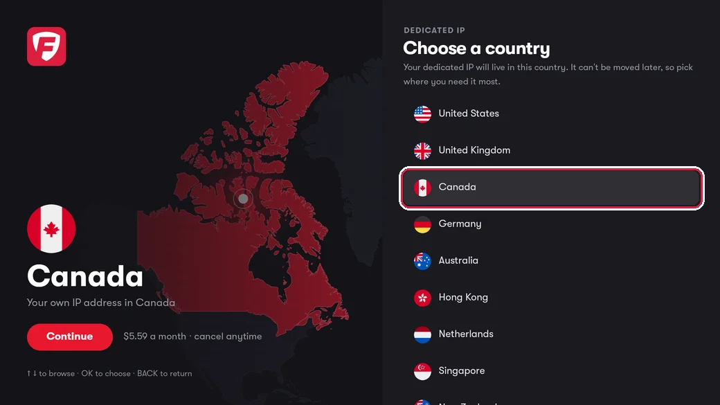The Choose a country list with Canada highlighted and the monthly price shown