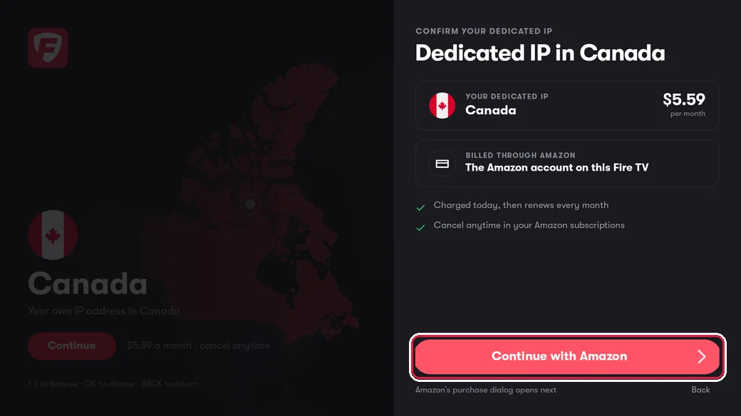 The Confirm your dedicated IP screen with Continue with Amazon highlighted