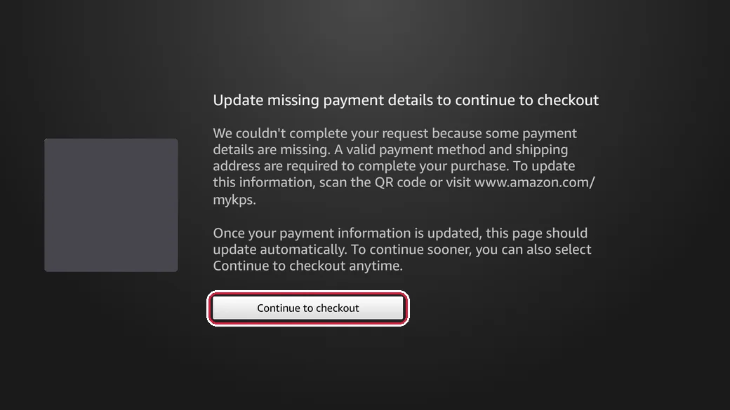 The Amazon message asking to update payment details, with Continue to checkout highlighted