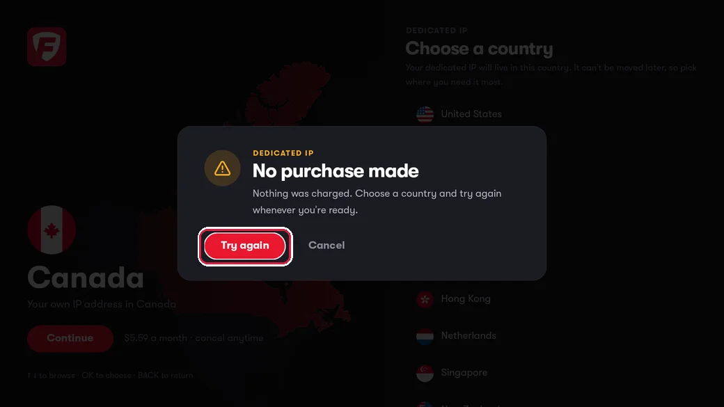 The No purchase made window with the Try again button highlighted