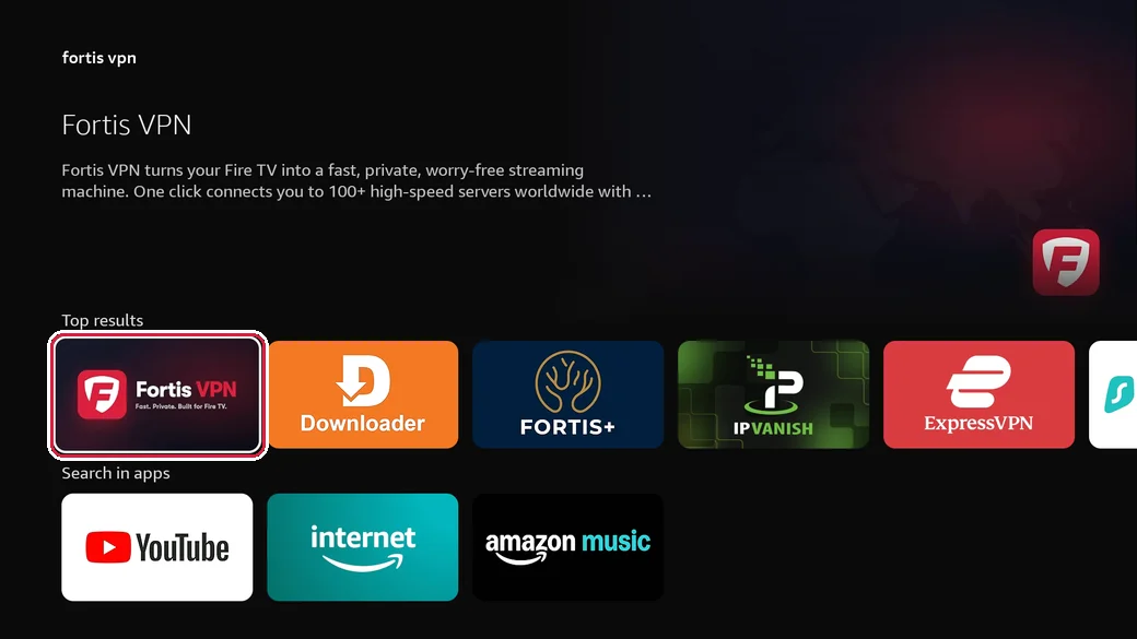 The search results with the Fortis VPN tile highlighted