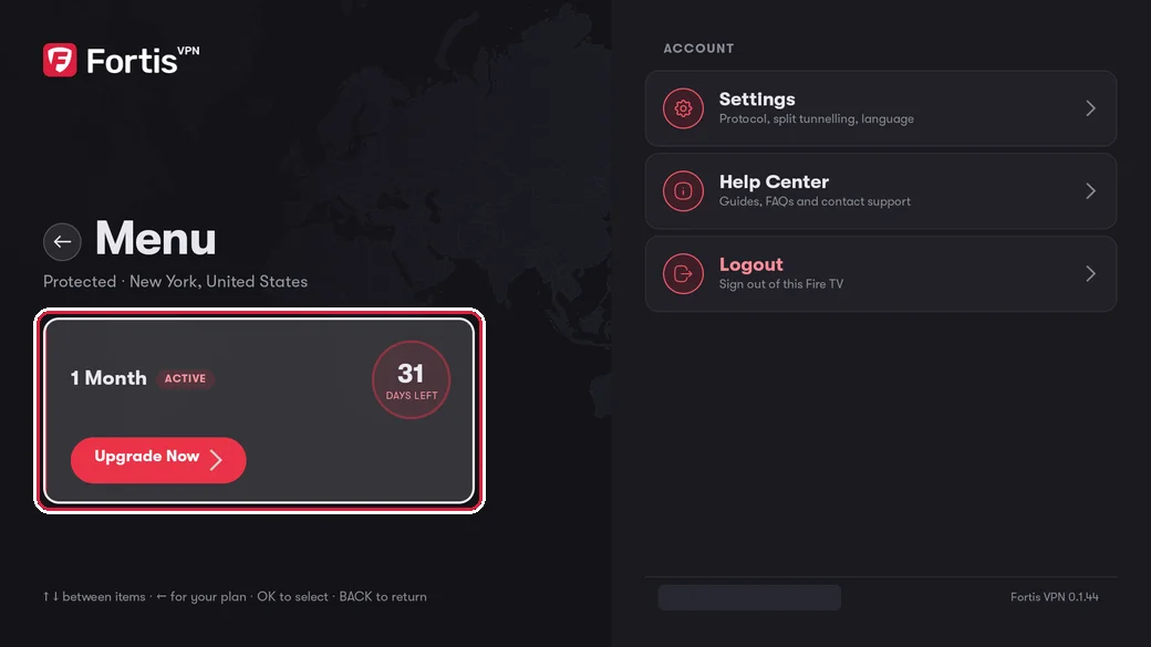 The Menu screen with the plan box showing 1 Month, Active and 31 days left, highlighted