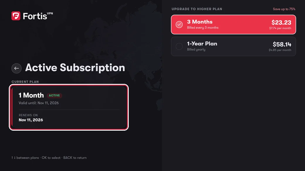 The Active Subscription screen with the current plan box highlighted