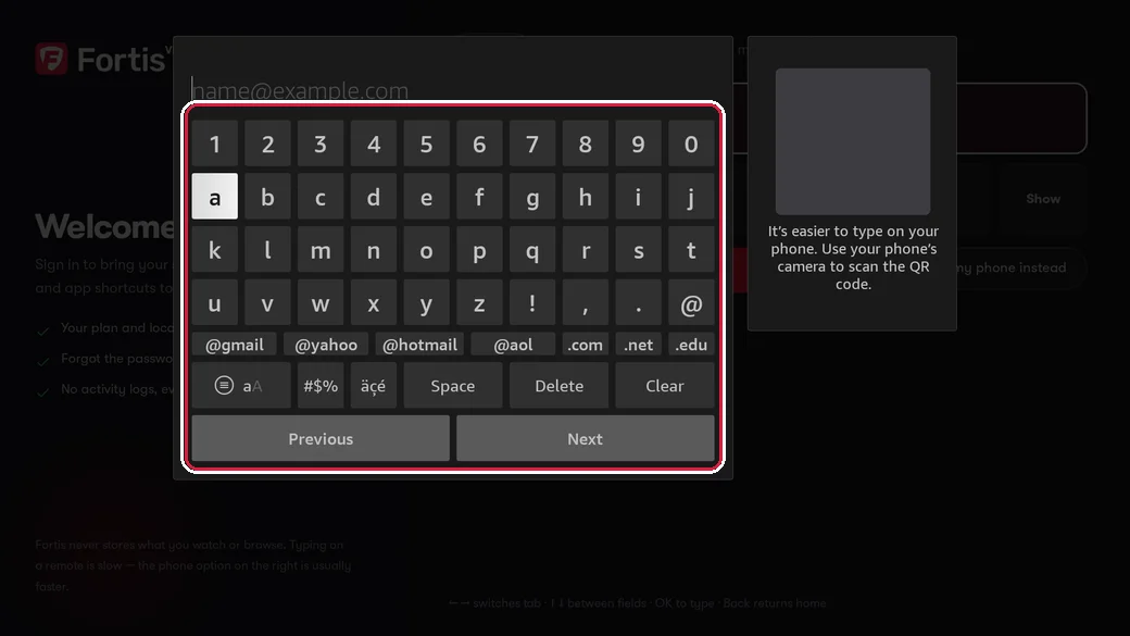 The Fire TV keyboard highlighted