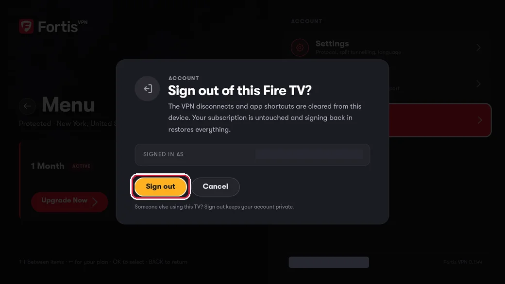 The Sign out of this Fire TV window with the Sign out button highlighted