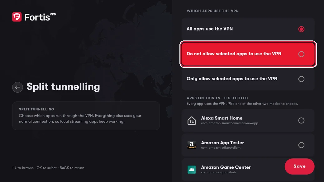 The Split tunnelling screen with Do not allow selected apps to use the VPN highlighted