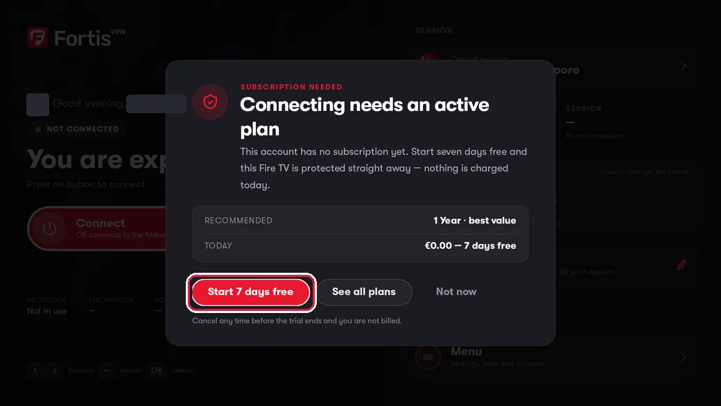 The Subscription needed window with the Start 7 days free button highlighted