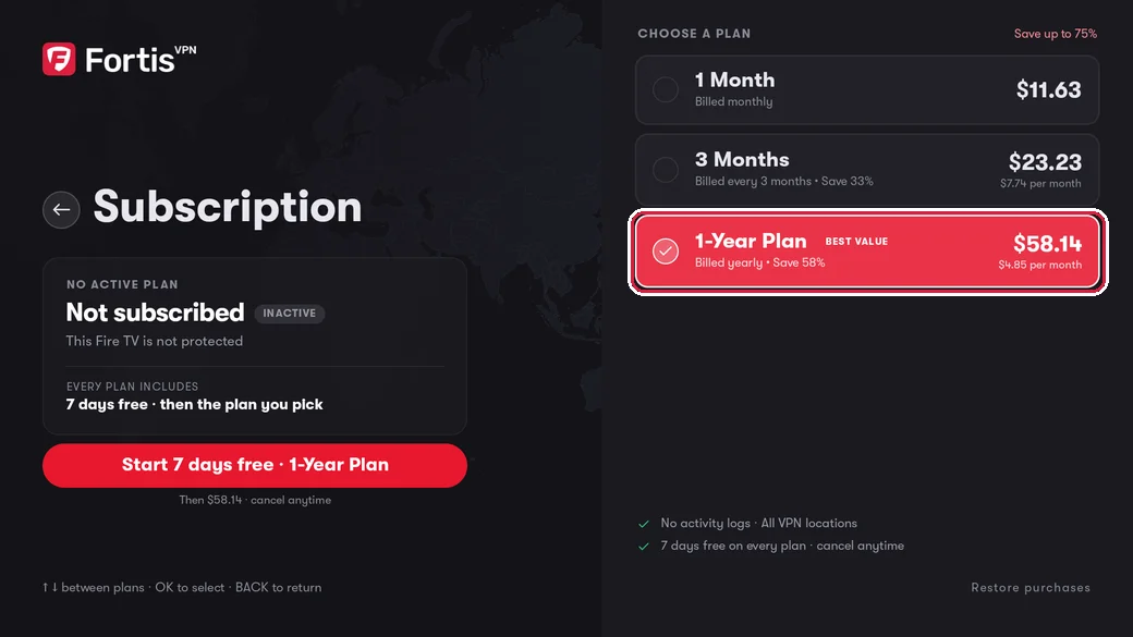 The Subscription screen with the 1-Year Plan highlighted