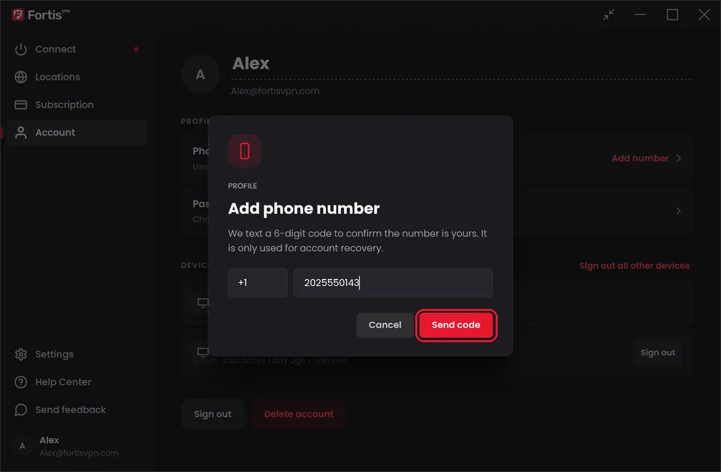 The Add phone number window with the Send code button highlighted