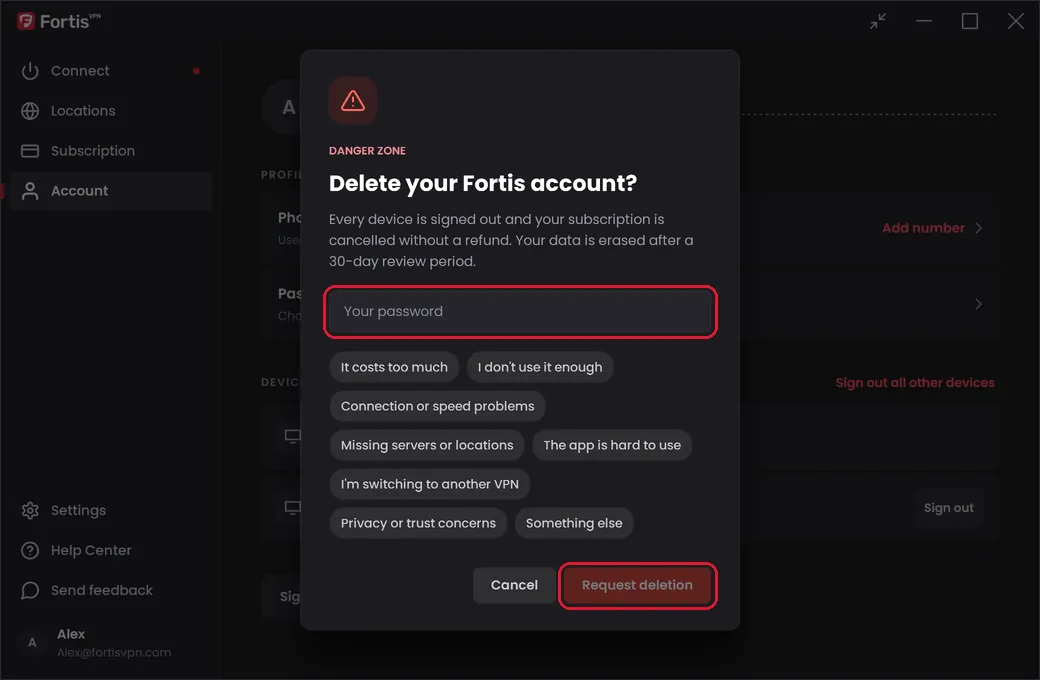 The Delete your Fortis account window with the password box and the Request deletion button highlighted
