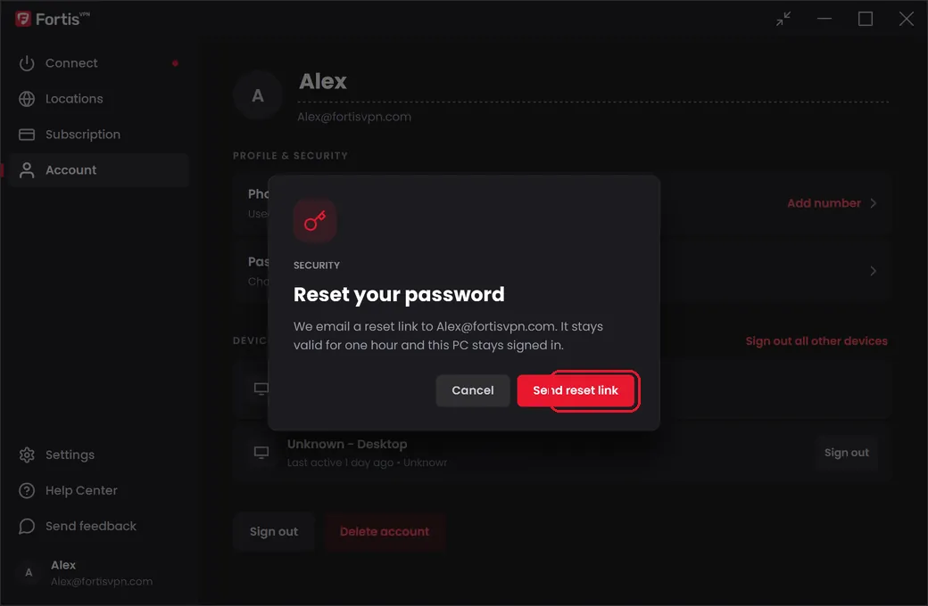 The Reset your password question with the Send reset link button highlighted