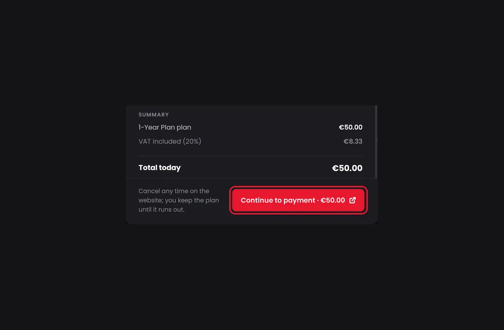 The Checkout window with Total today and the Continue to payment button highlighted