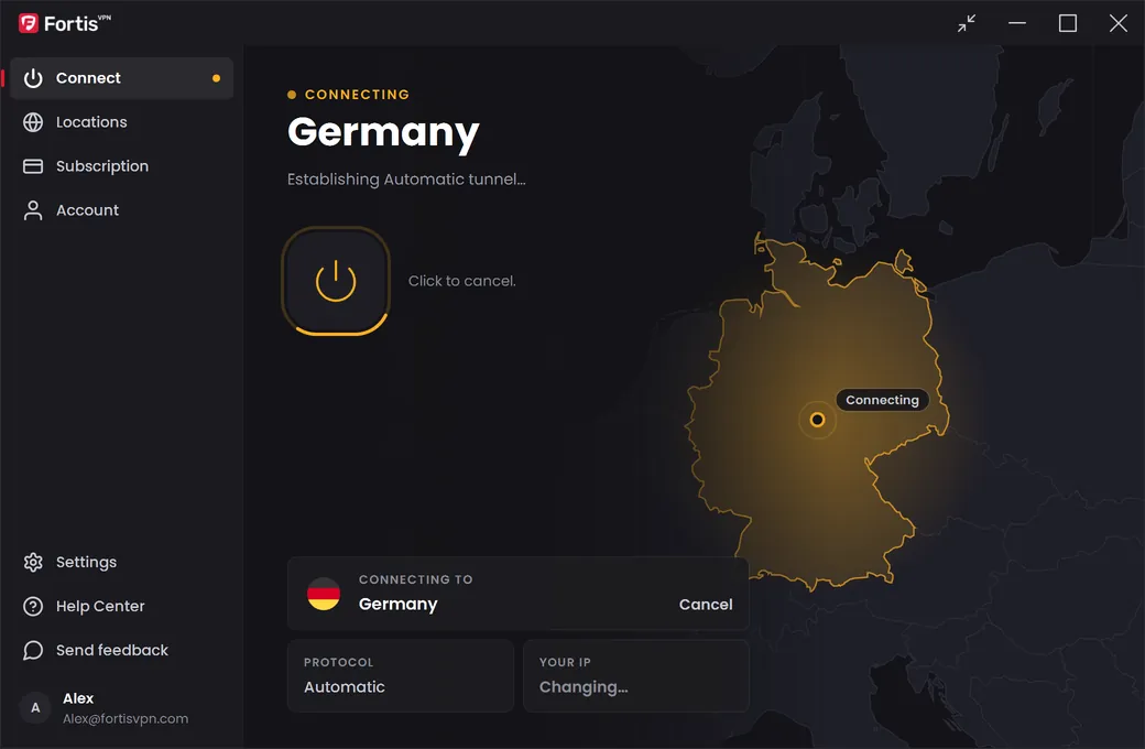 The Connect screen in orange showing Connecting to Germany