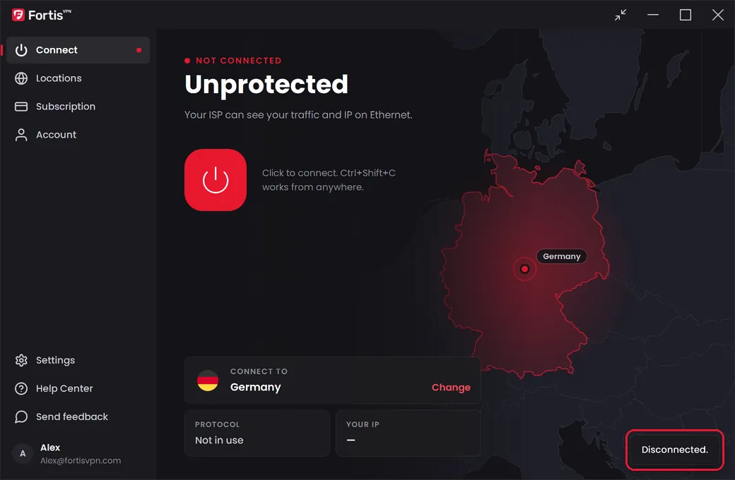 The Connect screen showing Unprotected again, with the Disconnected message highlighted
