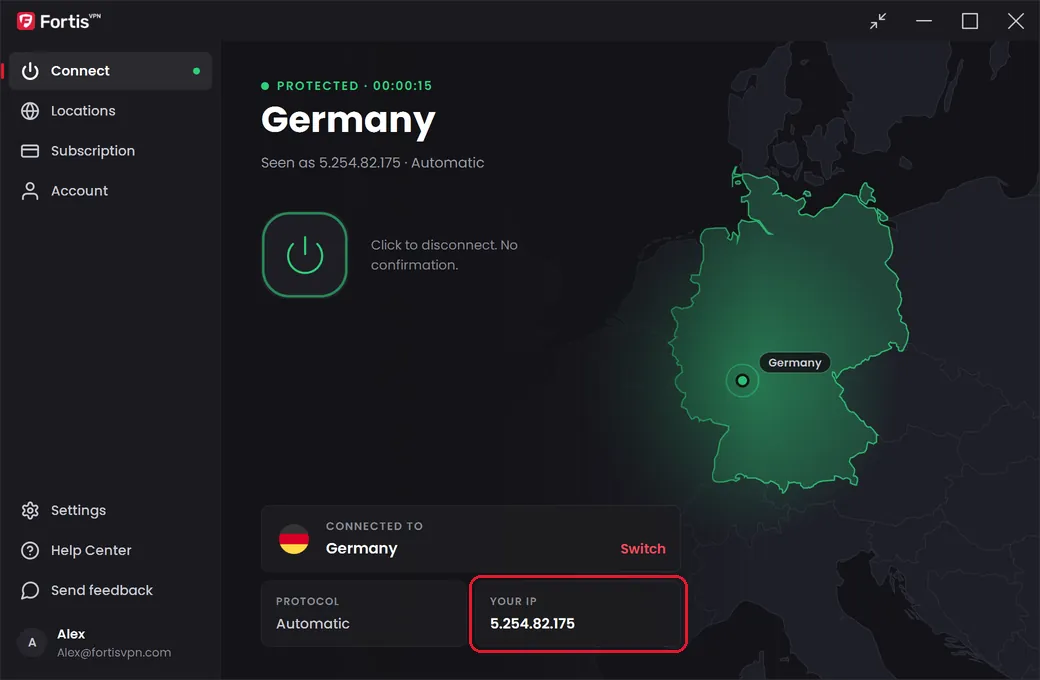 The Connect screen in green showing Protected in Germany, with the Your IP box highlighted