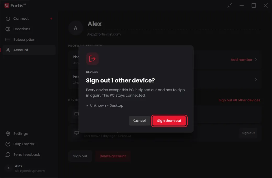 The question asking to sign out the other devices, with the Sign them out button highlighted