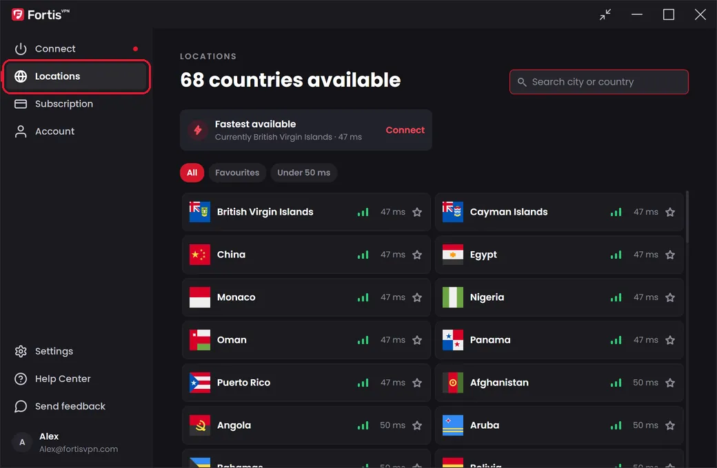 The Locations page listing all countries, with Locations highlighted in the menu