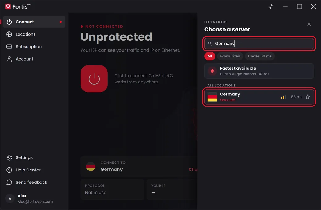 The search box with Germany typed in and the Germany result highlighted