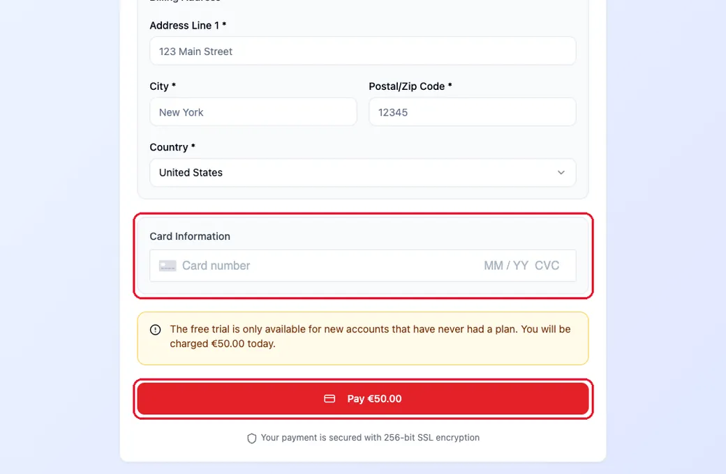 The card box and the Pay button highlighted on the Secure Payment page