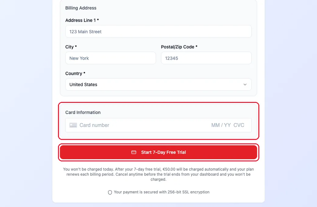 The billing address and card boxes, with the card box and the Start 7-Day Free Trial button highlighted