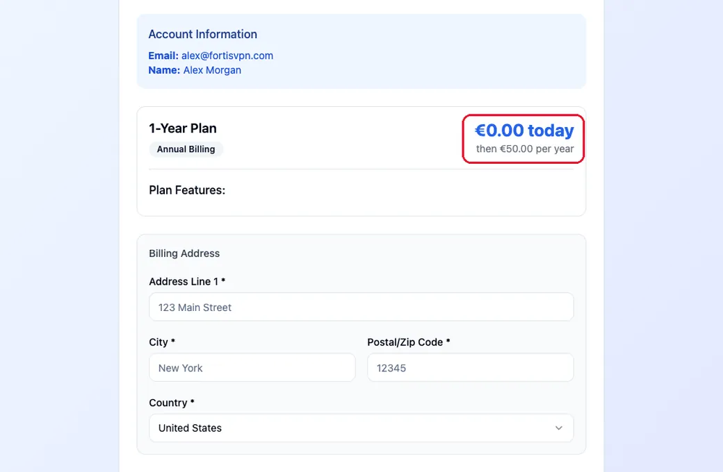 The Secure Payment page with the price of 0.00 euro today highlighted