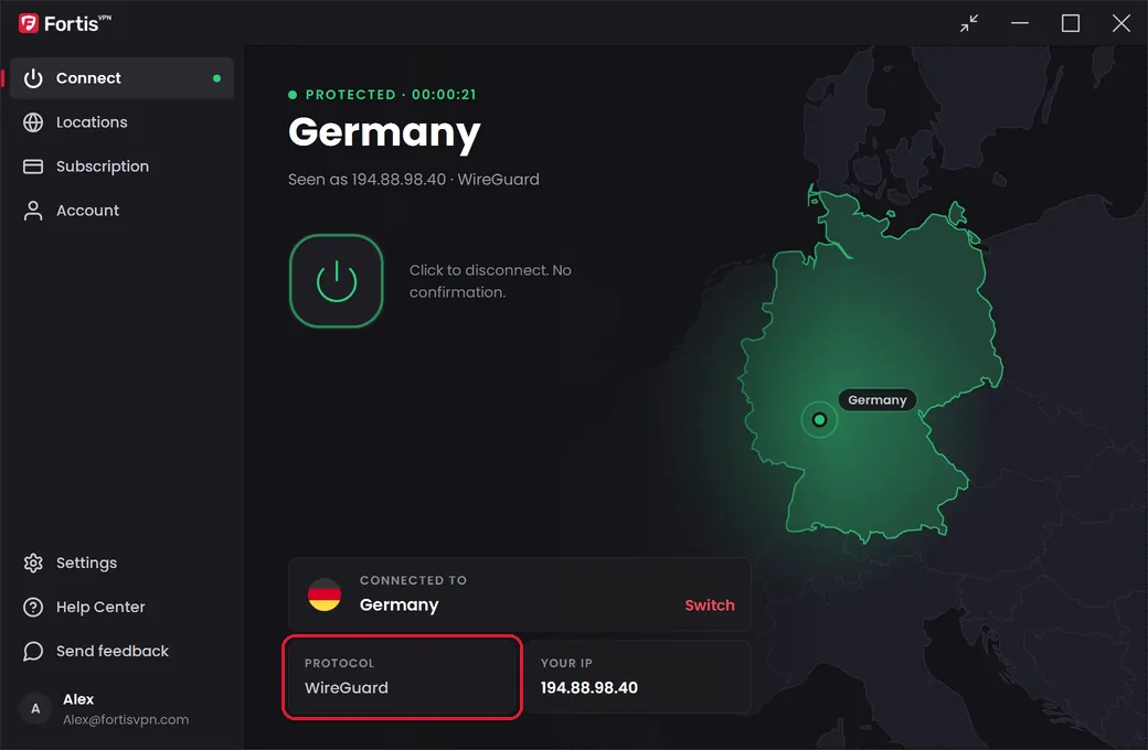 The Connect screen while connected, with the Protocol box showing WireGuard highlighted