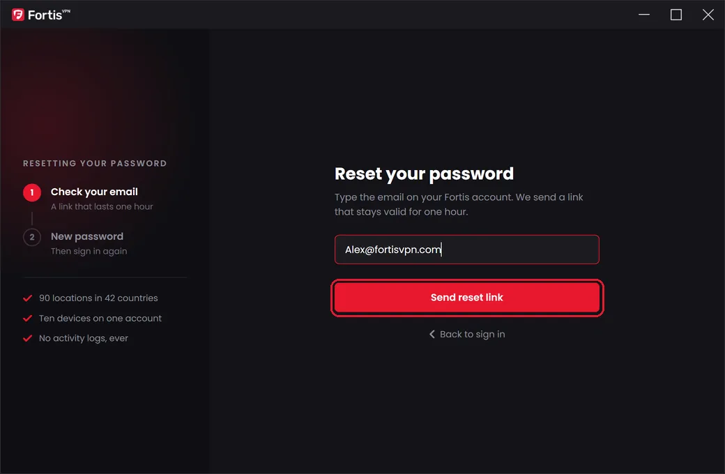 The Reset your password screen with the Send reset link button highlighted