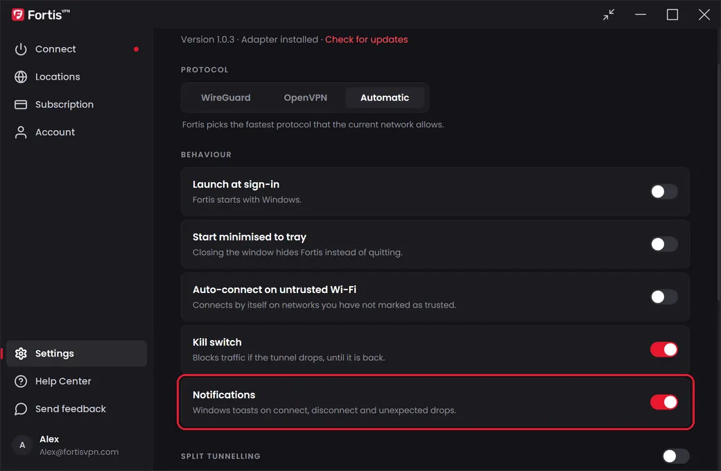 The Behaviour settings with the Notifications switch highlighted