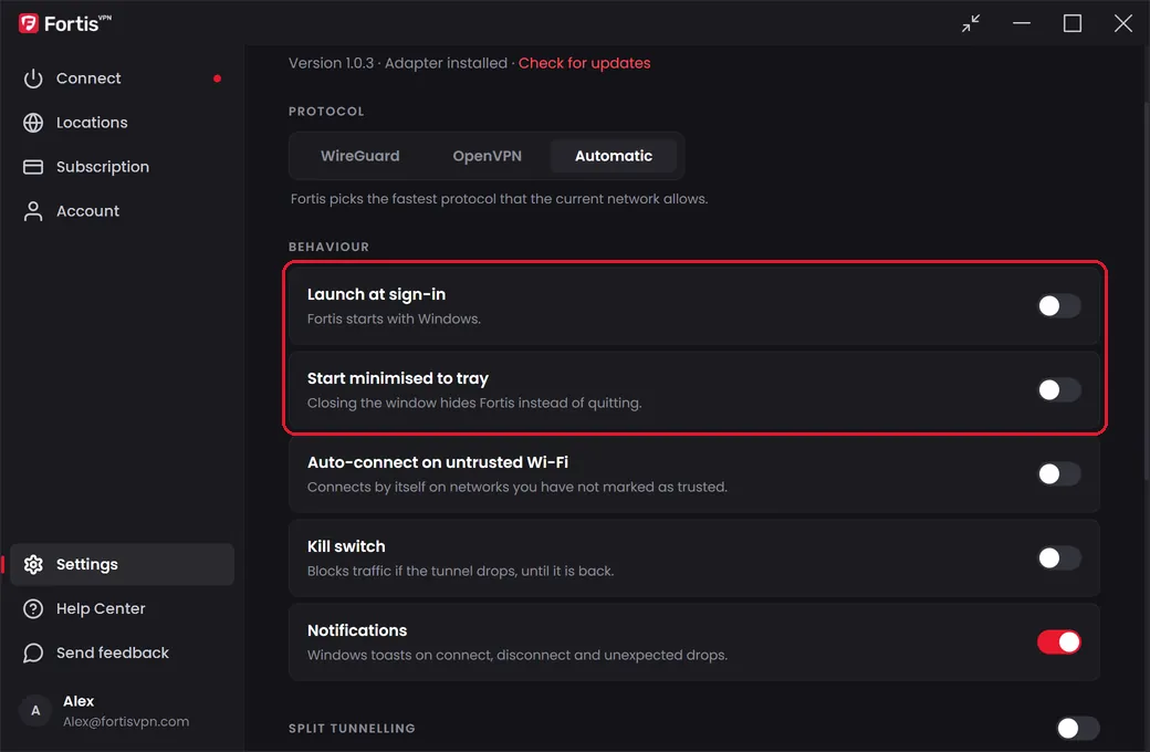 The Behaviour settings with Launch at sign-in and Start minimised to tray highlighted