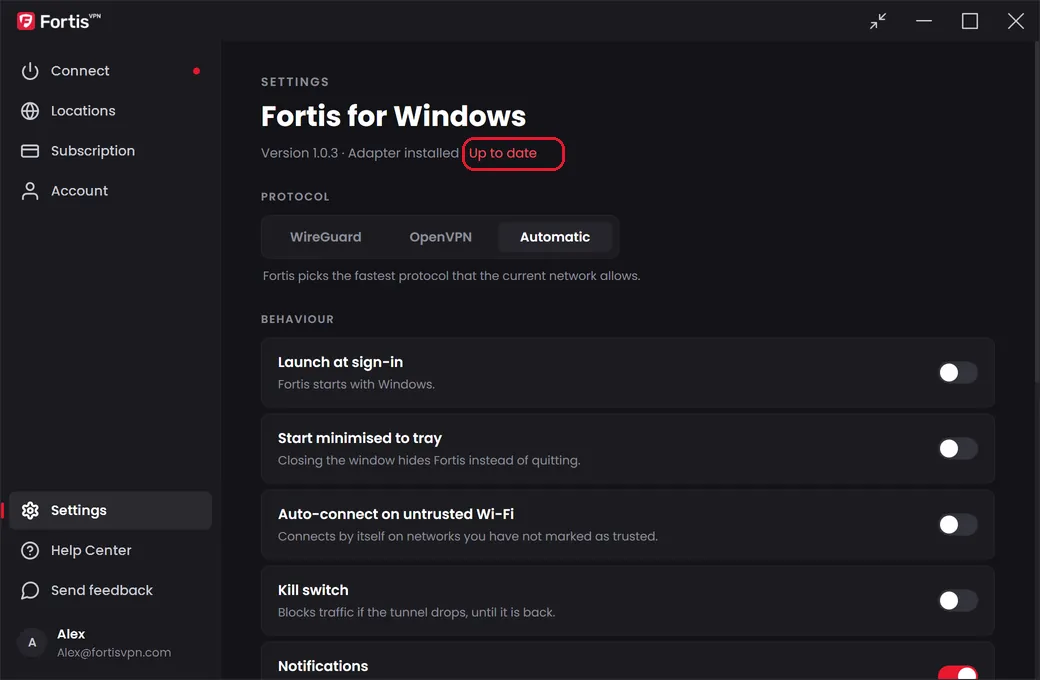 The top of the Settings screen showing Up to date highlighted