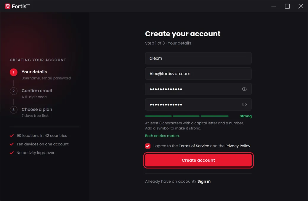 The Create your account form filled in, with the Create account button highlighted