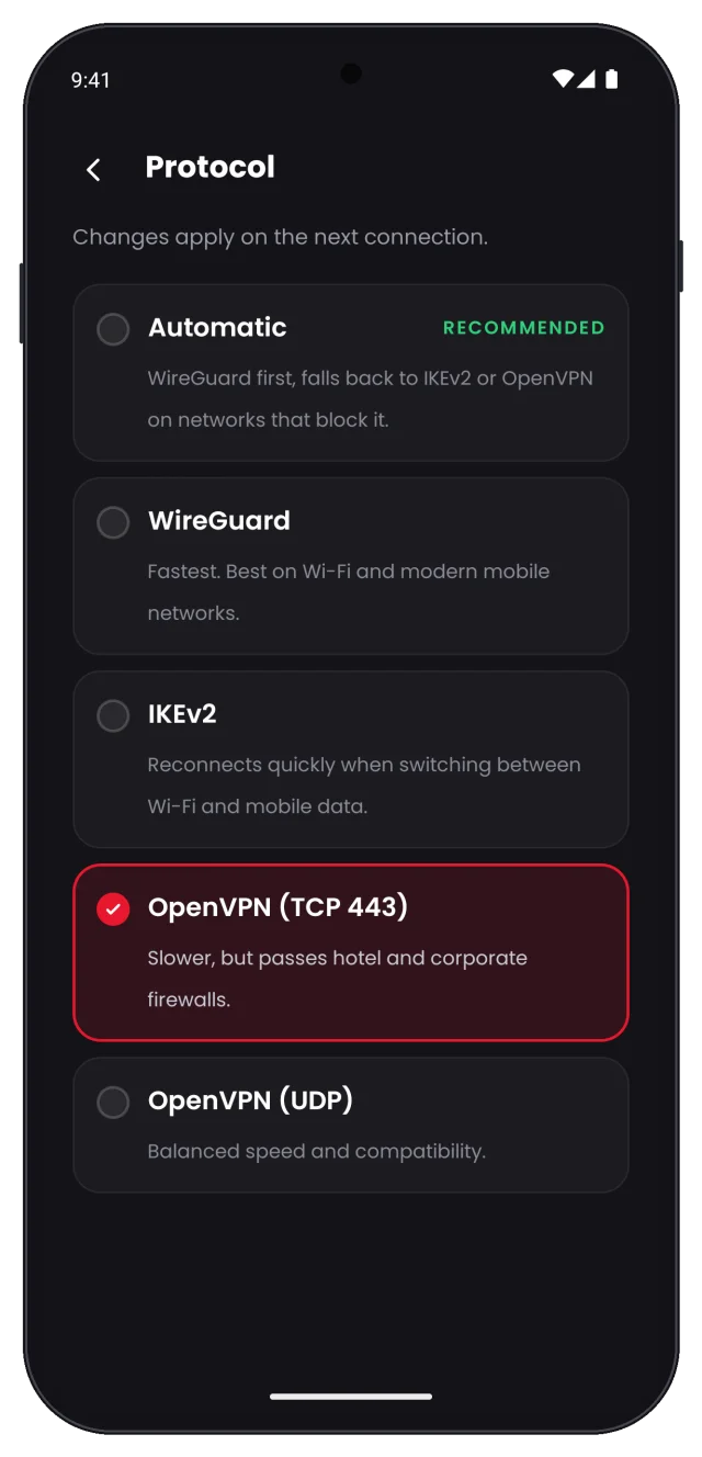 Protocol list with OpenVPN TCP selected