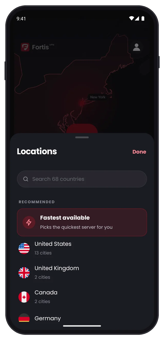 Locations sheet with search and recommended countries