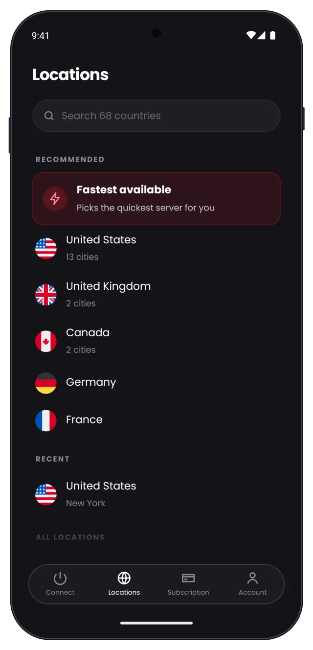 Locations tab with the Recent section