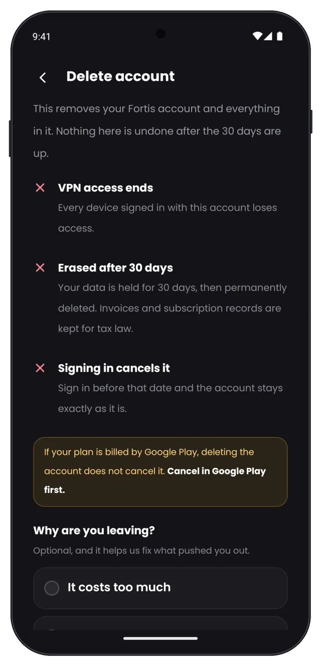 Delete account screen explaining what happens