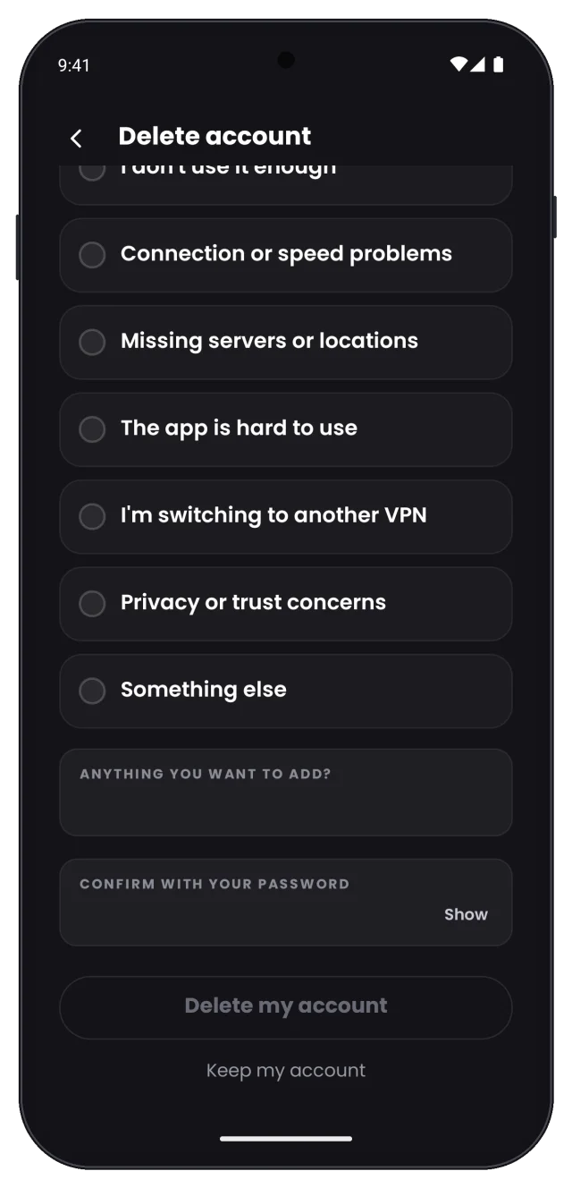 Delete account screen with password field and Delete my account button