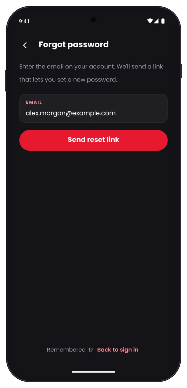 Forgot password screen with email filled in