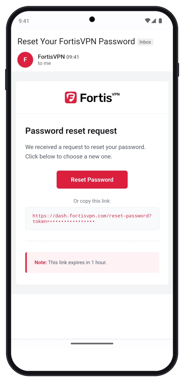 Password reset email with the Reset Password button