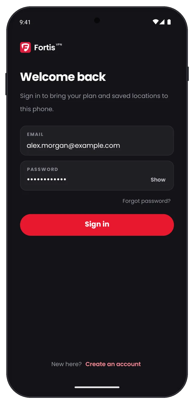 App sign-in screen with email and password