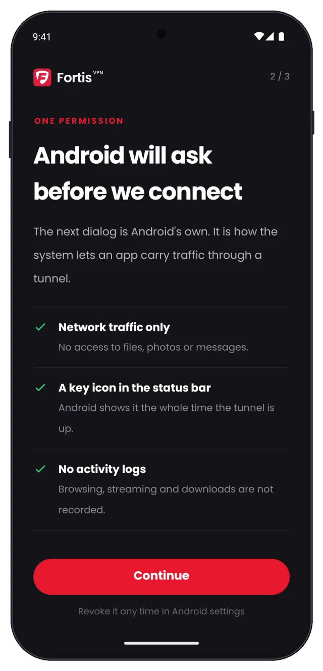 App screen explaining the Android VPN permission