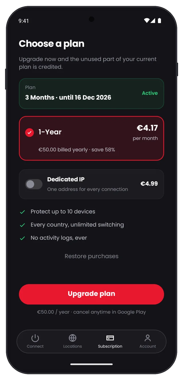 Choose a plan screen with the Upgrade plan button